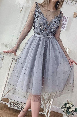 Short Silver Grey Pearls Long Sleeve Appliqued Beads Mini Jacquelyn Lace Homecoming Dresses Cocktail Party Dresses Cheap Formal Gowns CD1766
