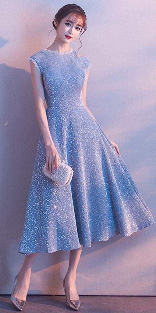 Cap Sleeve Light Blue Tea Length Cute Homecoming Dresses Jasmin CD2286