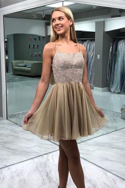 Short In Champagne Color With Beaded Top And Homecoming Dresses Annika Straps CD3125