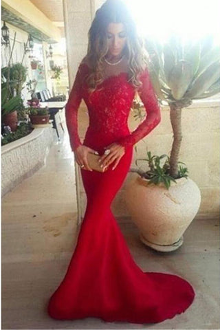 Sexy Red Mermaid Off-Shoulder Sweep Train Long Sleeves Lace Long Prom Dresses