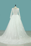 2024 Long Sleeves V Neck Wedding Dresses Ball Gown Tulle With Applique & Beading Chapel Train