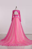 2024 Prom Dresses Scoop Two-Piece Open Back Tulle With Applique Long Sleeves