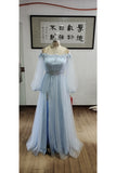 Off The Shoulder Long Sleeves Prom Dresses A Line Tulle With Beads And Slit