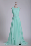 2024 Mint Prom Dresses A-Line Bateau Chiffon With Beads And Ruffles Floor-Length