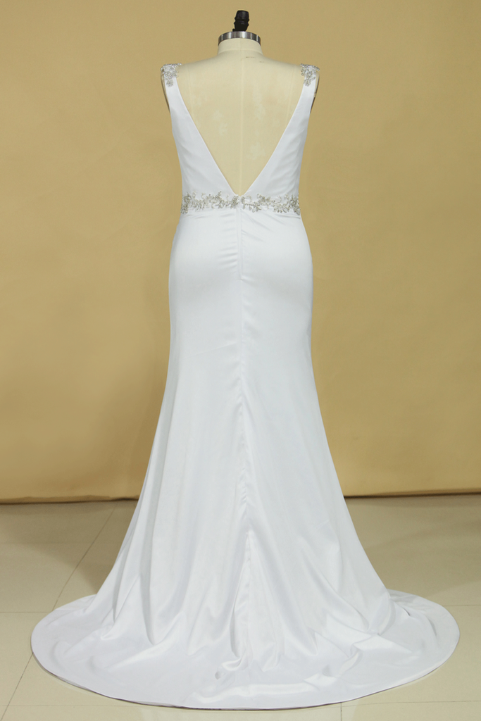 2024 Plus Size Wedding Dresses A Line V Neck Open Back With Beading Stretch Satin