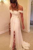 2024 Off The Shoulder Wedding Dresses A Line Chiffon With Ruffles And Slit