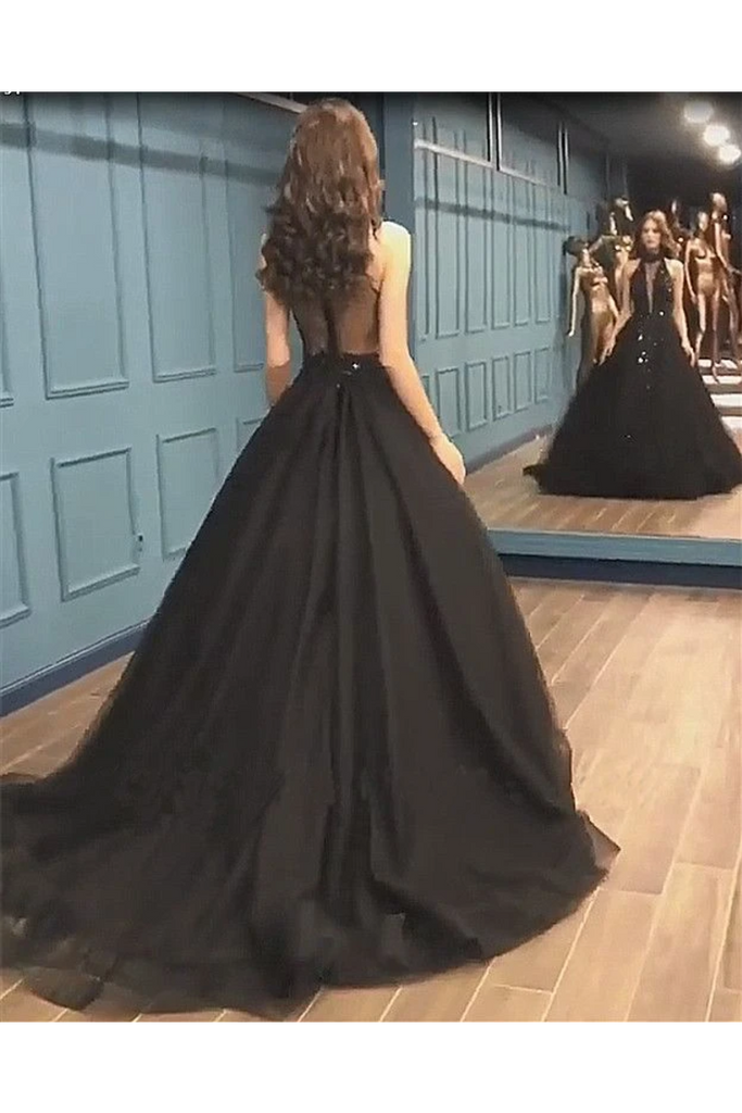 Sexy Ball Gown High Neck Black Tulle V Neck Sequins Party Dresses, Prom Dresses