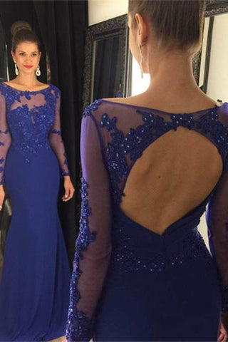 Prom Dresses Bateau Long Sleeves Backless With Applique Sweep Train