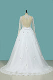 2024 A Line Scoop Wedding Dresses Long Sleeves Tulle With Applique & Beading Detachable Skirt Chapel Train