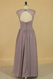 2024 Straps A Line Bridesmaid Dresses Chiffon With Beads Floor Length Open Back