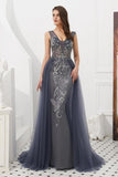 V Neck Sleeveless Tulle Long Prom Dress With Beads Crystal