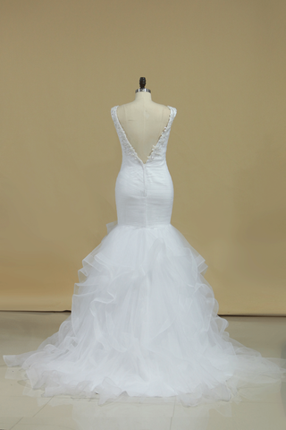 2024 V Neck Mermaid Wedding Dresses Tulle With Applique And Ruffles Chapel Train