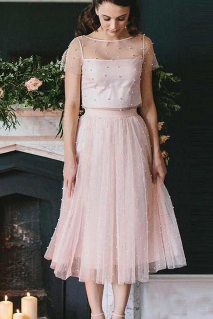 2022 Blush Pink Two Piece Bridesmaid Dresses Beaded Formal Gowns Evening Dress