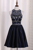 2024 New Arrival A Line Satin Scoop Beaded Bodice Homecoming Dresses