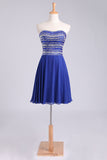2024 A Line Short/Mini Strapless Dark Royal Blue Chiffon Homecoming Dresses With Rhinestone