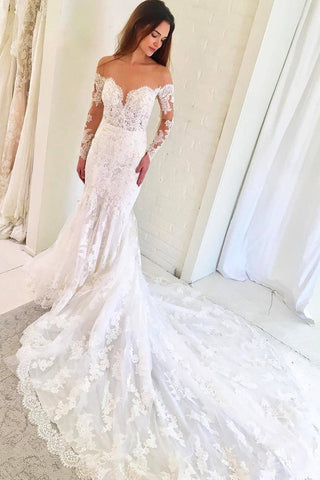 2024 Scoop Long Sleeves Mermaid Wedding Dresses Tulle With Applique Chapel Train
