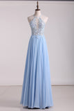2024 Open Back A Line Prom Dresses Chiffon With Applique And Beads