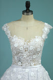 2024 Wedding Dresses Scoop Tulle With Applique A Line Chapel Train