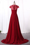 2024 Prom Dresses A Line Scoop Neck Empire Waist Chiffon With Beading Sweep Train