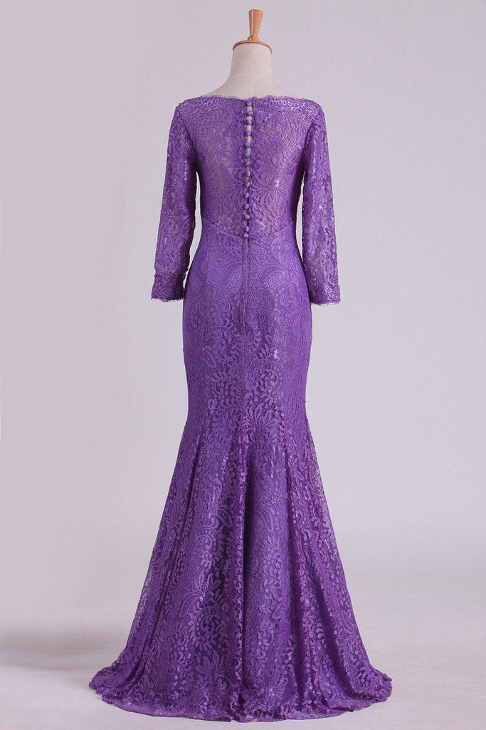 2024 Purple Mother Of The Bride Dresses V Neck 3/4 Length Sleeve Mermaid Lace Floor Length
