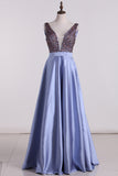 2024 Satin Prom Dresses A Line Beaded Bodice Open Back A Line