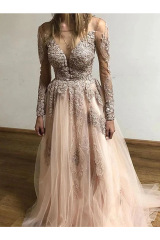 Sheer Round Neck Appliques Long Sleeves Tulle Prom Party Dresses