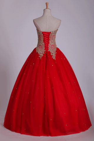 2024 Sweetheart Quinceanera Dresses Ball Gown Tulle With Beads & Applique Floor Length Red