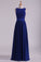 2024 Dark Royal Blue Prom Dresses Scoop A Line Chiffon With Beading Floor Length