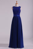 2024 Dark Royal Blue Prom Dresses Scoop A Line Chiffon With Beading Floor Length