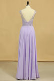 2024 Prom Dresses A-Line Scoop Floor-Length Chiffon Beaded Bodice