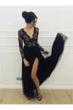 A-Line Long Sleeves Tulle Floor Length Black Prom Dress Beads&Appliques