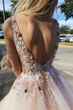 V Neck Sleeveless Tulle Prom Dress With Flowers And Beads