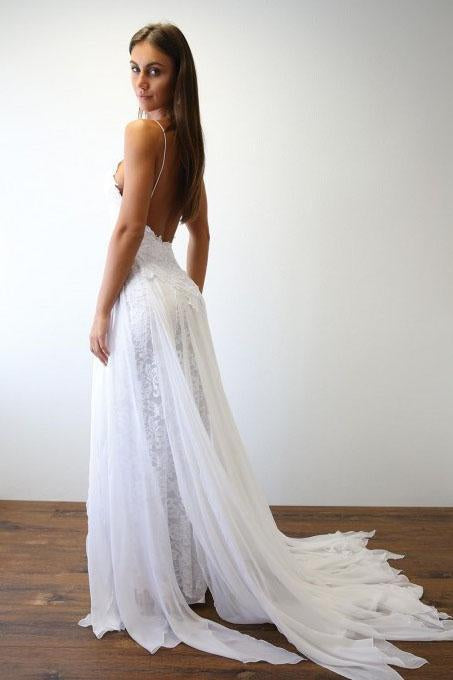 Spaghetti Straps Sweetheart White Lace Wedding Dresses with Chiffon Beach Bridal Dress SRS15420