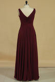 2024 V Neck Bridesmaid Dresses A Line With Beads And Ruffles Floor Length Chiffon