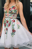 Lace Homecoming Dresses With Floral Embroidery A Line V Neck Evening Dresses