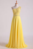 2024 Hot One Shoulder A Line Prom Dress Beaded Tulle And Chiffon Court Train