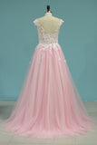 2024 Prom Dresses A Line Scoop With Applique Tulle Sweep Train