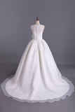 2024 Romantic Lace Bodice A Line Wedding Dress Pick Up Organza Skirt Cathedral Train With Flower