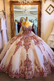 Champagne Tulle Rosewood Appliques Sweet Heart Neckline Ball Gown Quinceanera Dresses Prom Dresses