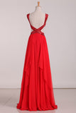 2024 New Arrival Straps Prom Dresses Chiffon With Beads And Ruffles Open Back