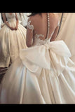 2024 Bow Knot Wedding Dresses V Neck Short Sleeve A Line Satin With Applique Court Train