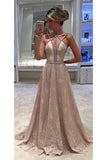 2024 A Line Spaghetti Straps Lace With Beading Sweep Train Prom Dresses