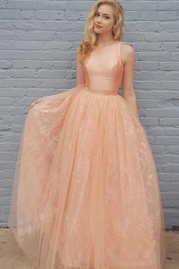 Scoop Neckling Long Two Pieces Lace Prom Dresses Elegant Evening Dresses