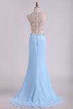 2024 Prom Dresses Scoop Sheath Two Pieces Chiffon With Beading And Slit Sweep Train