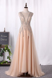 2024 Prom Dresses Scoop Open Back A Line Tulle With Beads And Slit