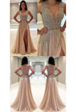 2024 Tulle Prom Dresses A Line V Neck With Beads And Slit Open Back
