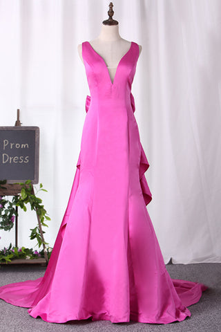 New Arrival V Neck Open Back Mermaid Prom Dresses Satin With Bow Knot