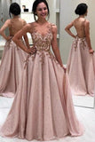 Luxury Beaded Long Prom Dresses, A-Line Popular Appliques Evening Dresses