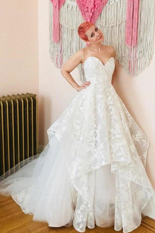 A-Line Sweetheart Sweep Train Wedding Dress With Lace Appliques