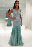 2024 New Arrival V Neck Lace Mermaid Prom Dresses Sweep Train